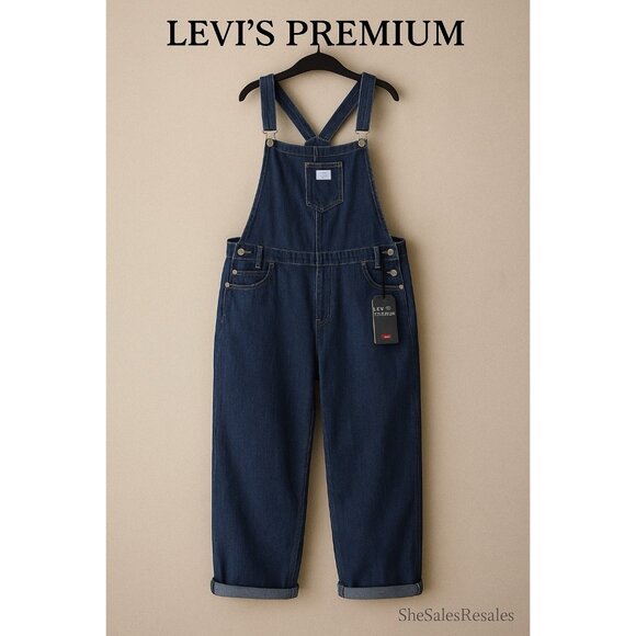 Levi’s Premium Denim Overalls Women’s 24W NWT Dark Wash Relaxed Fit Workwear Jum - Picture 1 of 7